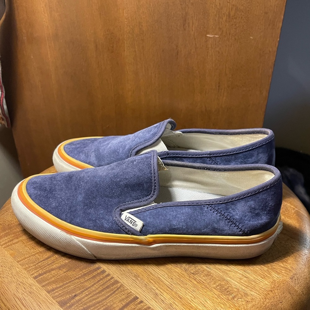 Vans Navy Suede Slip-On Sneakers with Orange Trim
